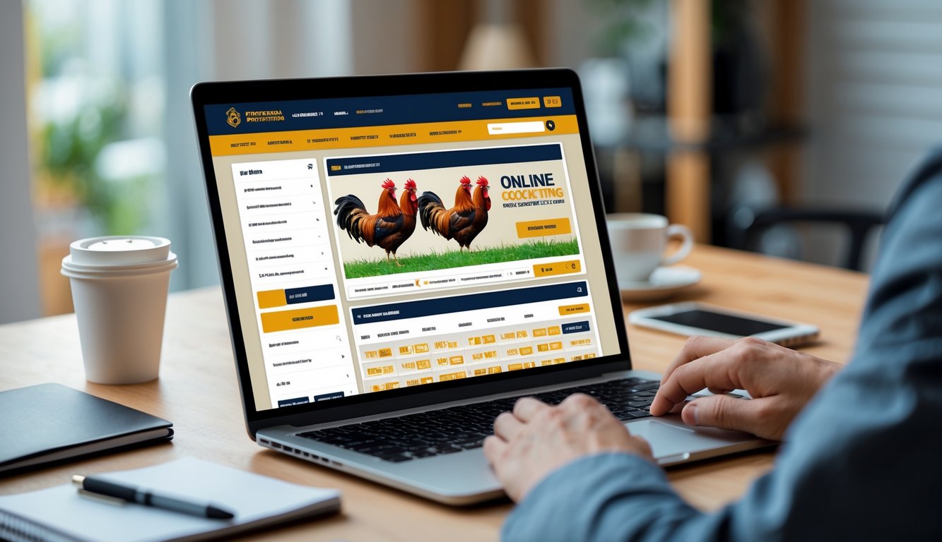 Seorang pengguna duduk di depan laptop dengan tampilan situs sabung ayam online resmi di layar, di meja terdapat kopi dan ponsel.