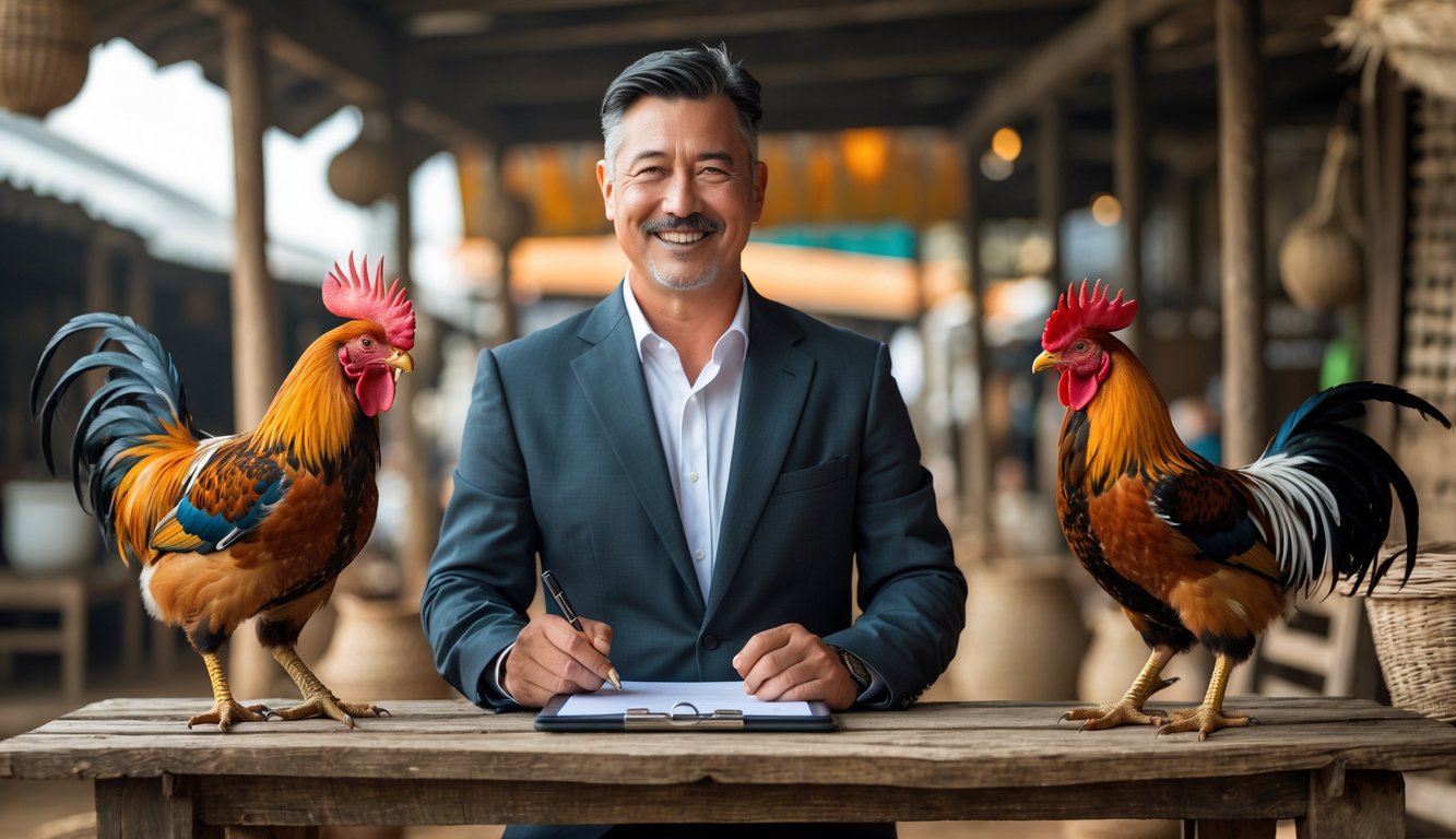 Seorang pria percaya diri berdiri di samping dua ayam aduan di pasar tradisional.
