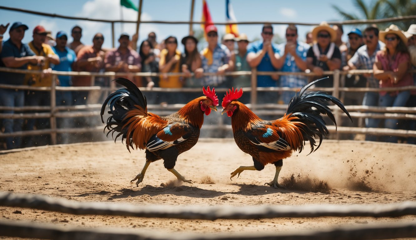 Dua ayam aduan sedang bertarung di arena melingkar dengan penonton dari berbagai negara menyaksikan di sekelilingnya.