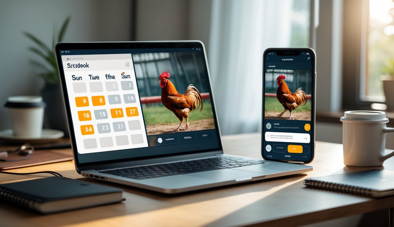 Meja kerja dengan laptop dan ponsel yang menampilkan jadwal pertandingan sabung ayam online dan siaran langsung dua ayam jago.