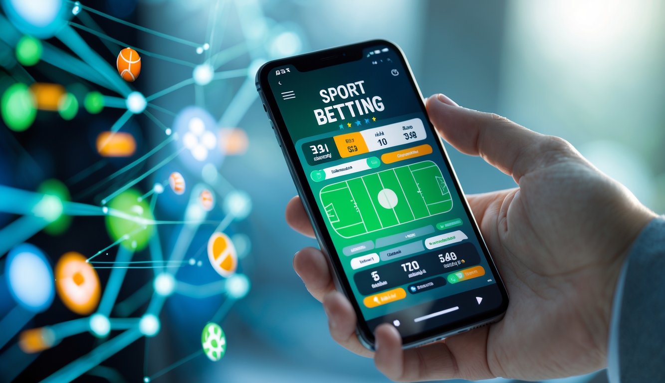 Tangan memegang ponsel dengan tampilan aplikasi taruhan olahraga digital yang modern dan cerah.