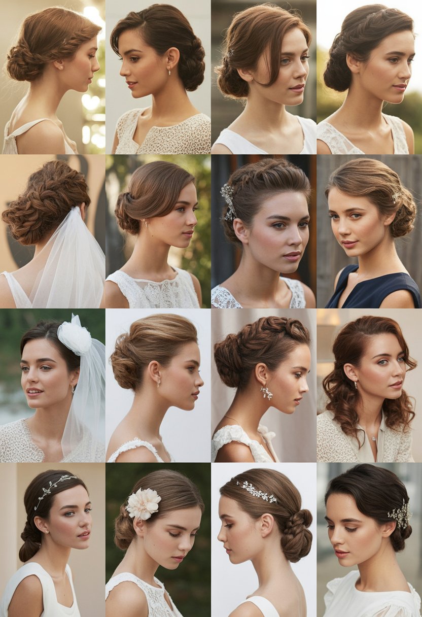 A collage of 15 women with various bridal hairstyles, each posing against a soft, blurred background.
