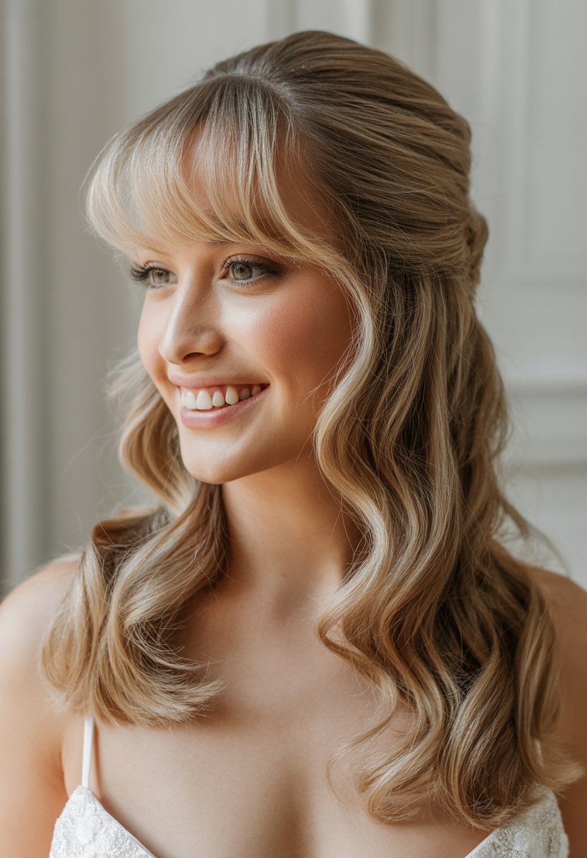 A smiling bride with side-swept bangs and loose waves hairstyle, wearing wedding attire against a neutral background.