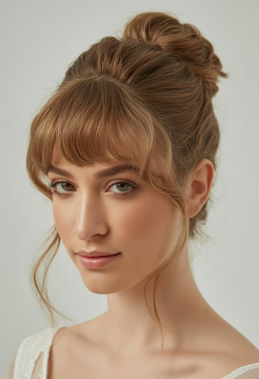 A woman with a heart-shaped face wearing a messy bun hairstyle with soft bangs, looking serene against a light background.