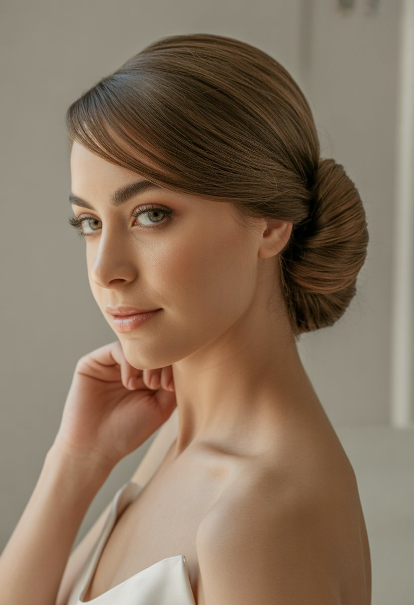 A woman with a heart-shaped face wearing a classic low chignon hairstyle, posed against a neutral background with a calm expression.