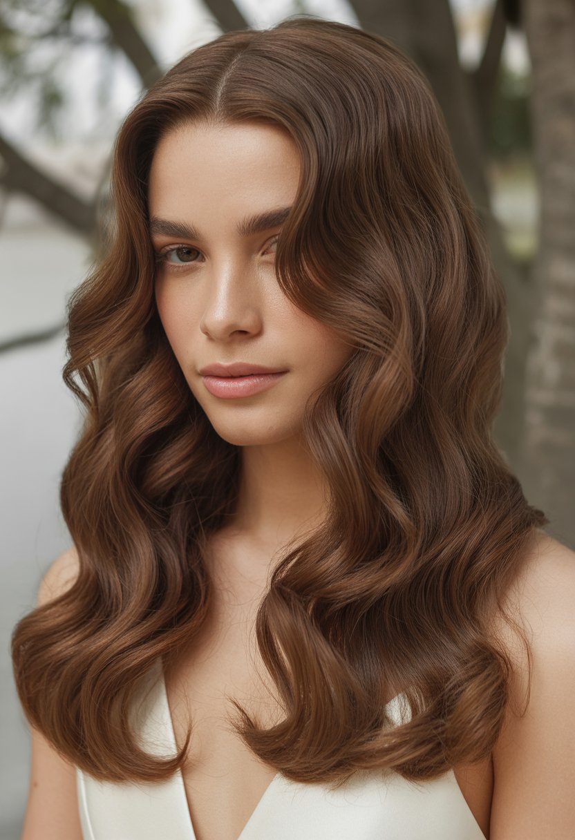 Close-up portrait of a woman with long, flowing wavy hair parted in the middle, smiling gently.