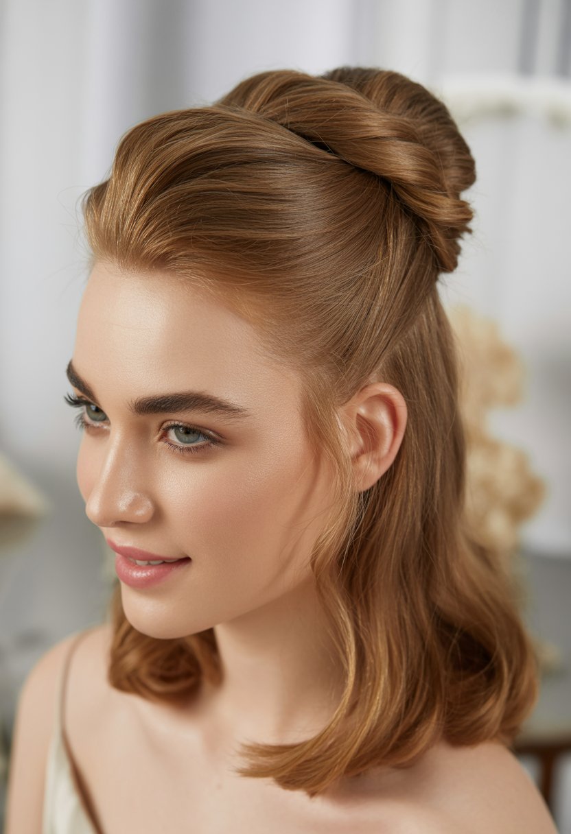 A young woman with a heart-shaped face and a half-up twisted crown hairstyle looking slightly to the side against a neutral background.