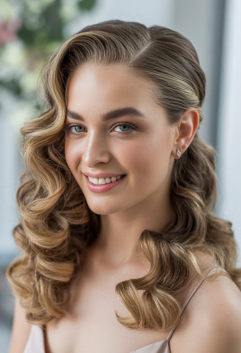 A young woman with soft curls and a deep side part smiling gently against a blurred background.