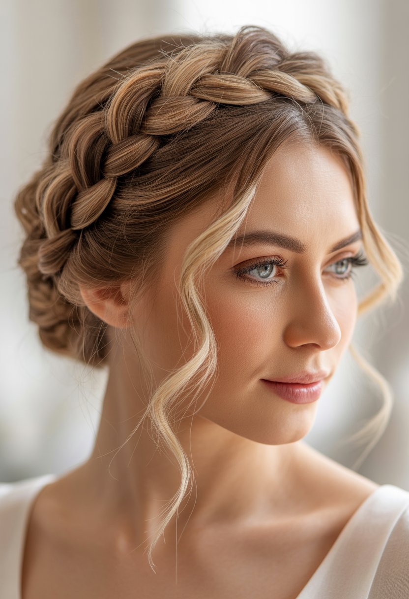 Close-up of a woman with a braided crown hairstyle and loose tendrils framing her face.