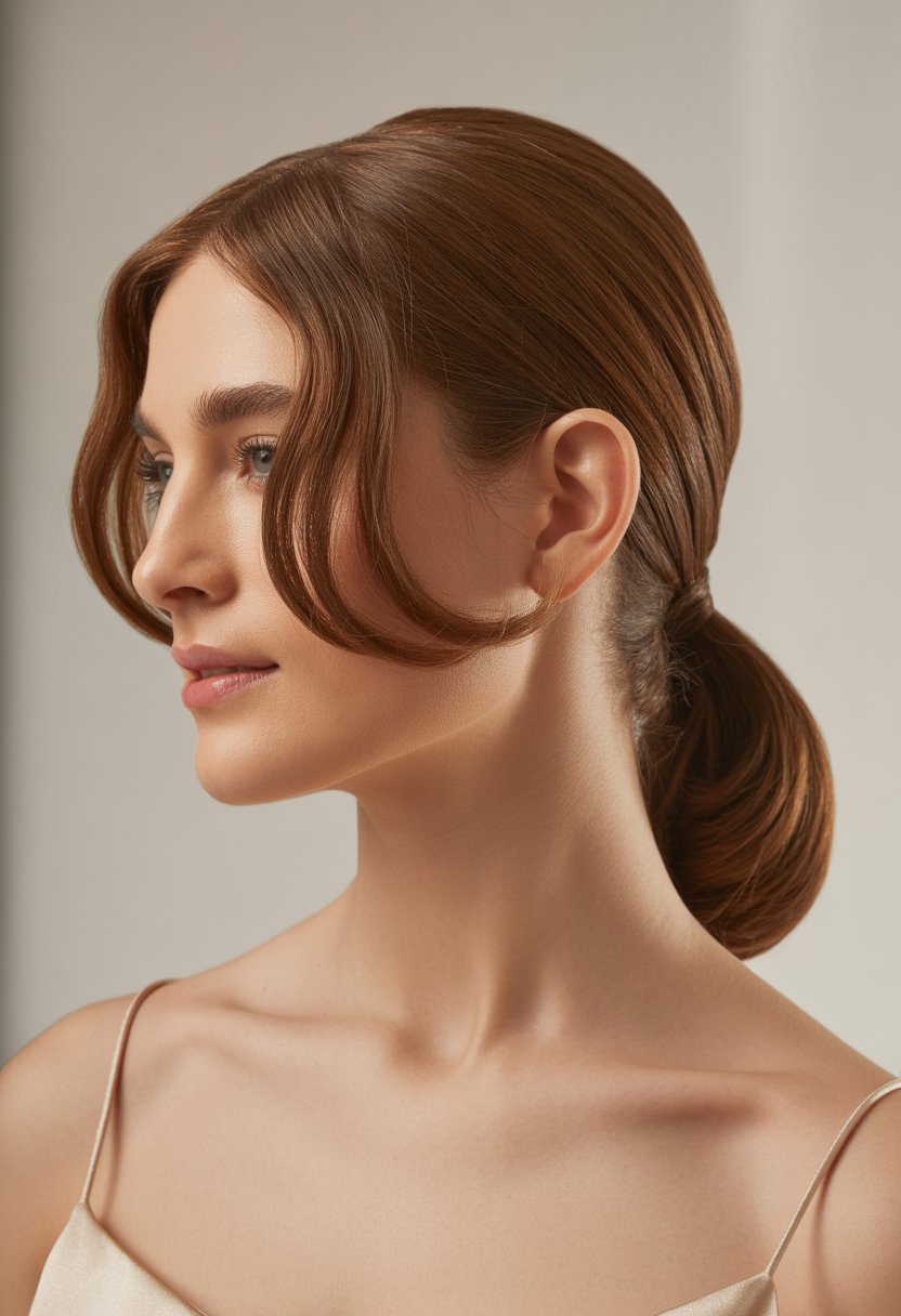 A woman with a low ponytail and face-framing hair layers, looking slightly to the side against a plain background.