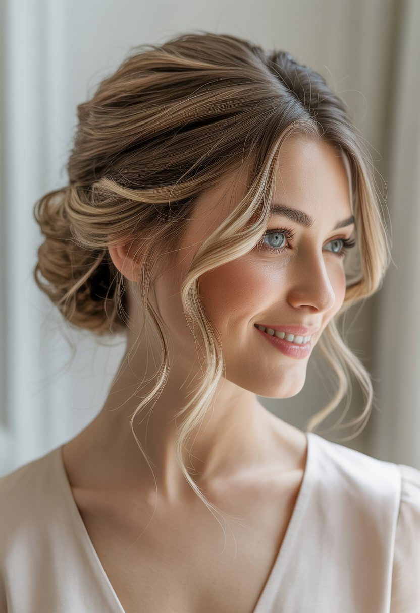 A woman with a heart-shaped face wearing a loose updo hairstyle with soft strands framing her face, smiling gently against a blurred background.