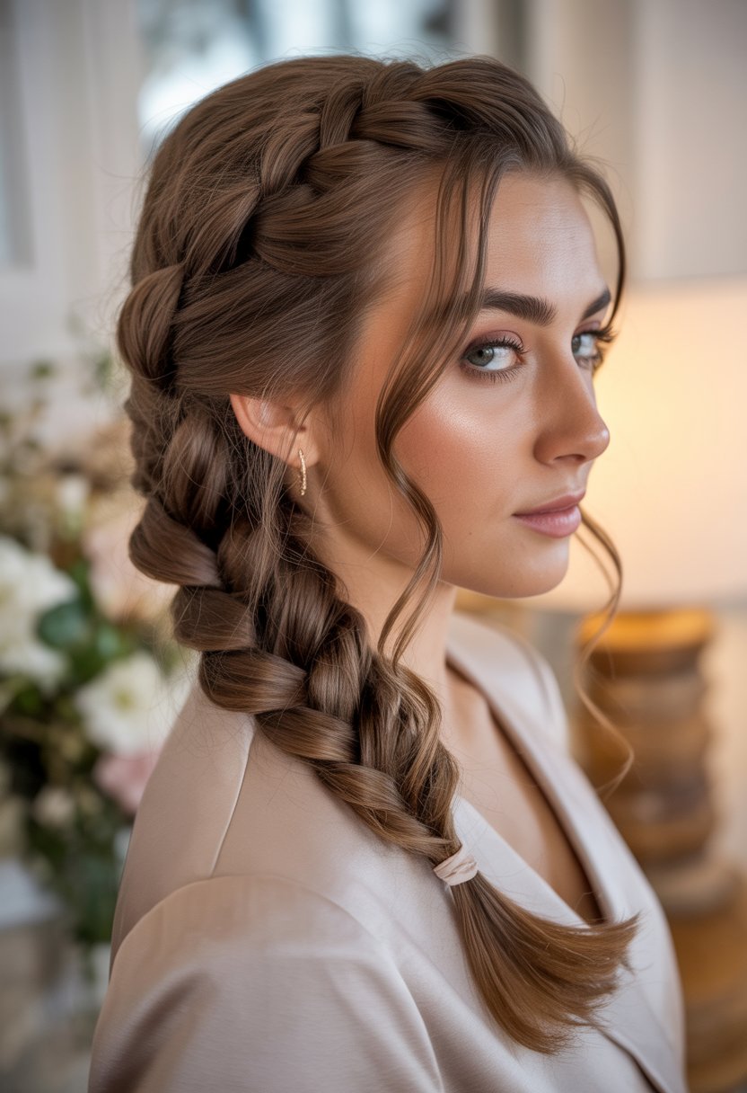 A young woman with a side braid hairstyle cascading over her shoulder, looking slightly to the side.