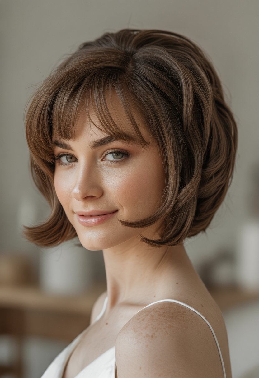A woman with a textured bob haircut and side bangs, smiling gently against a neutral background.
