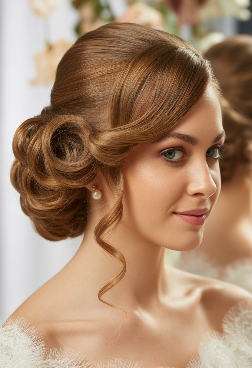 A woman with an elegant updo hairstyle featuring side-swept curls, looking slightly to the side against a softly blurred background.