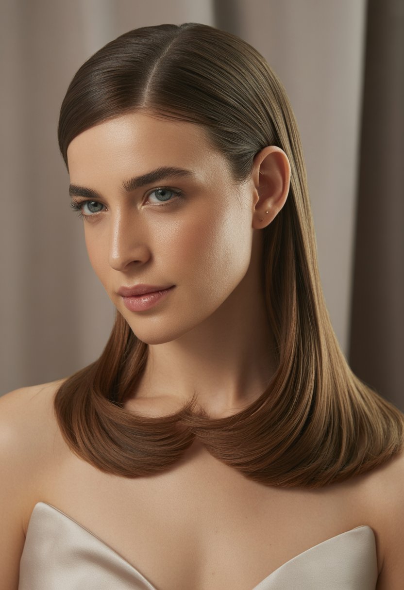 Portrait of a woman with straight hair parted to the side, facing forward against a neutral background.