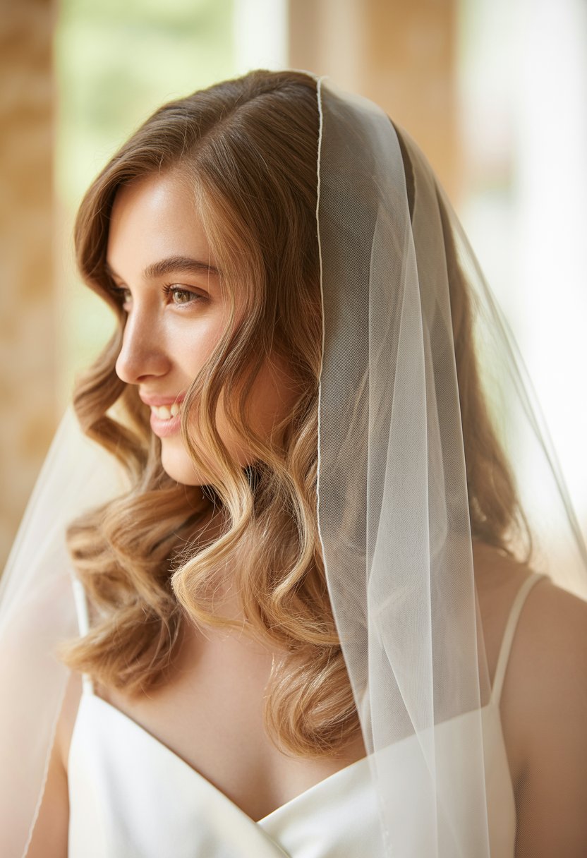 Bride with a fingertip-length veil and soft wavy hair smiling gently.