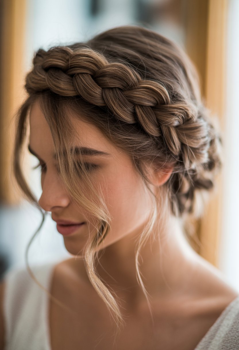Close-up portrait of a woman with an elegant crown braid hairstyle, softly lit against a blurred background.