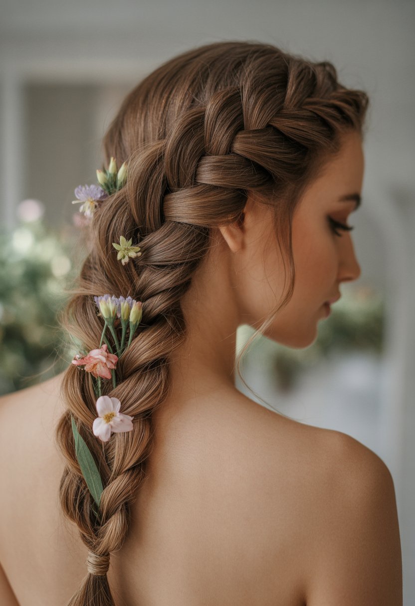 A woman with a fishtail braid decorated with fresh flowers in her hair.