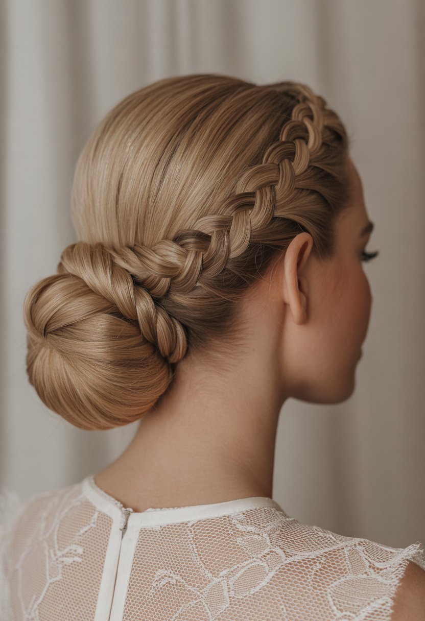 A woman with a braided low bun hairstyle wearing a white dress, shown from the back and side.