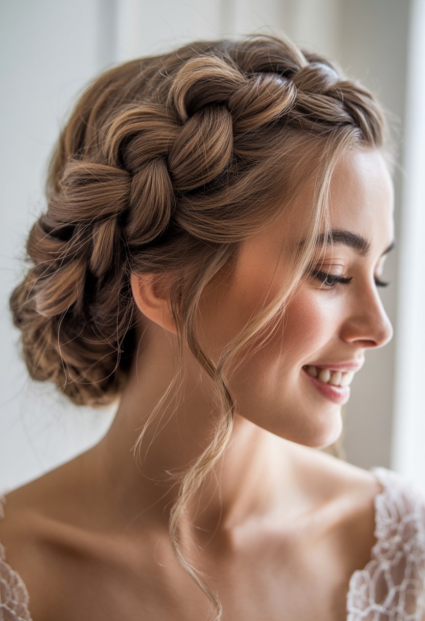 Close-up of a young woman with a side braid hairstyle, smiling gently with soft lighting and a blurred background.