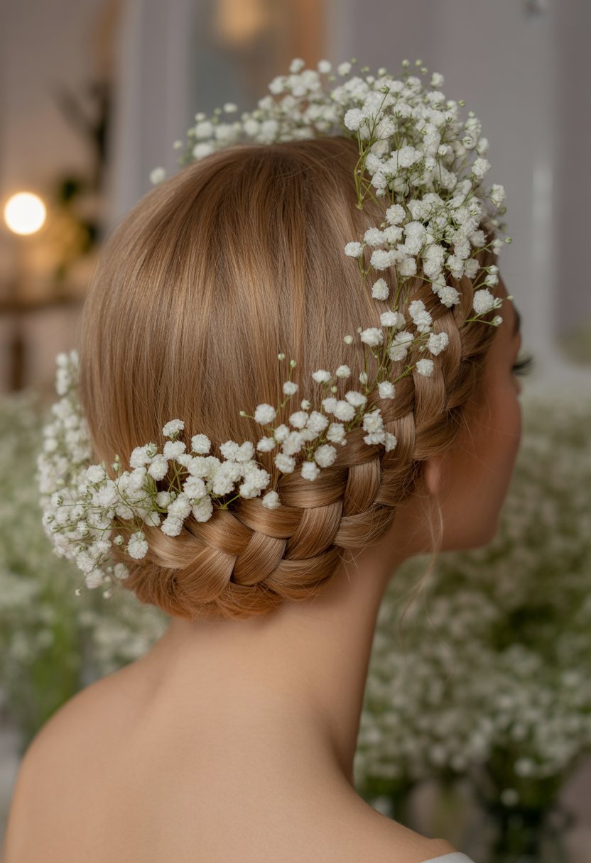 A woman with a halo braid decorated with small white flowers, shown from the back and side.