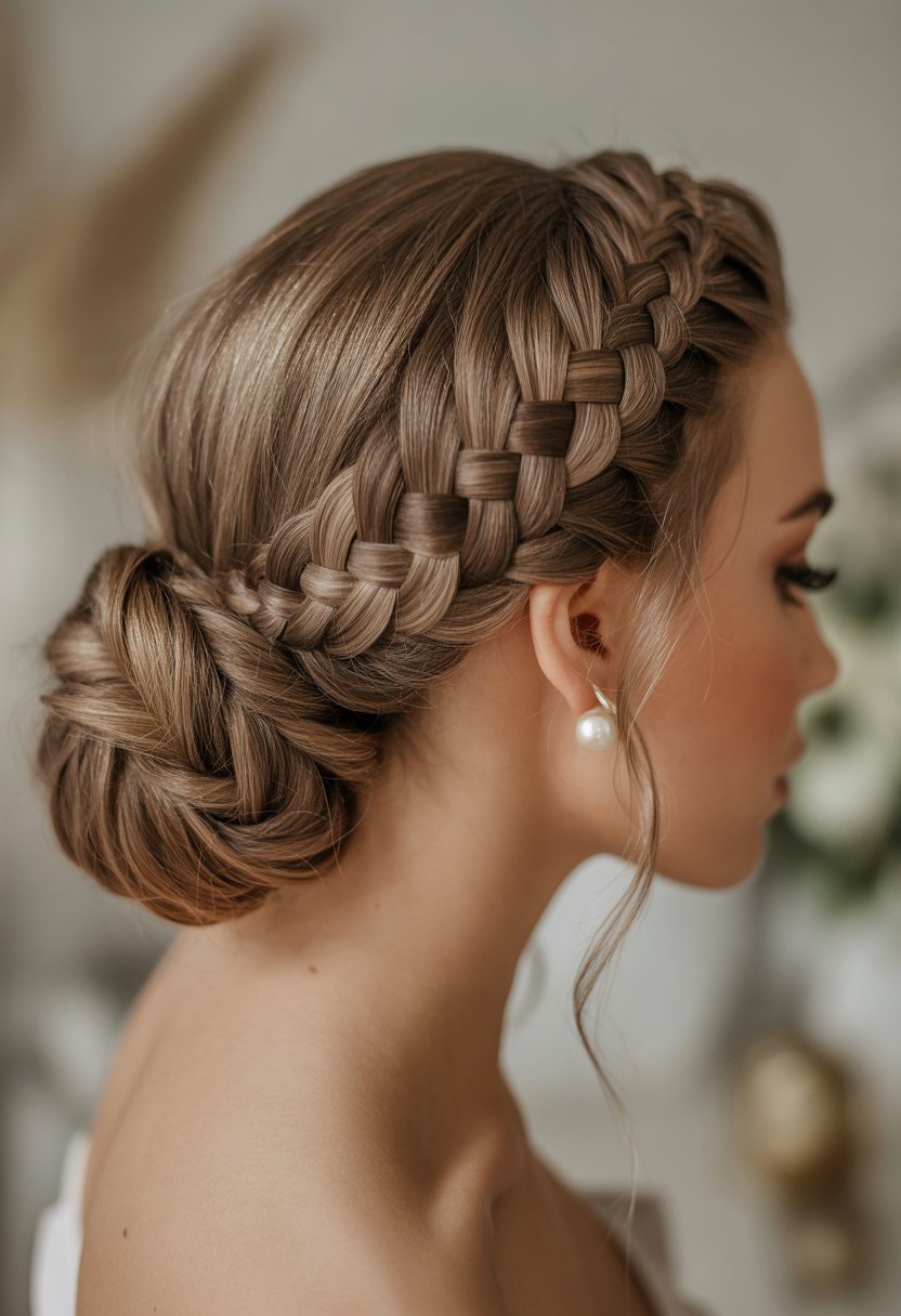 A woman with an elegant braided updo hairstyle in a softly lit studio setting.