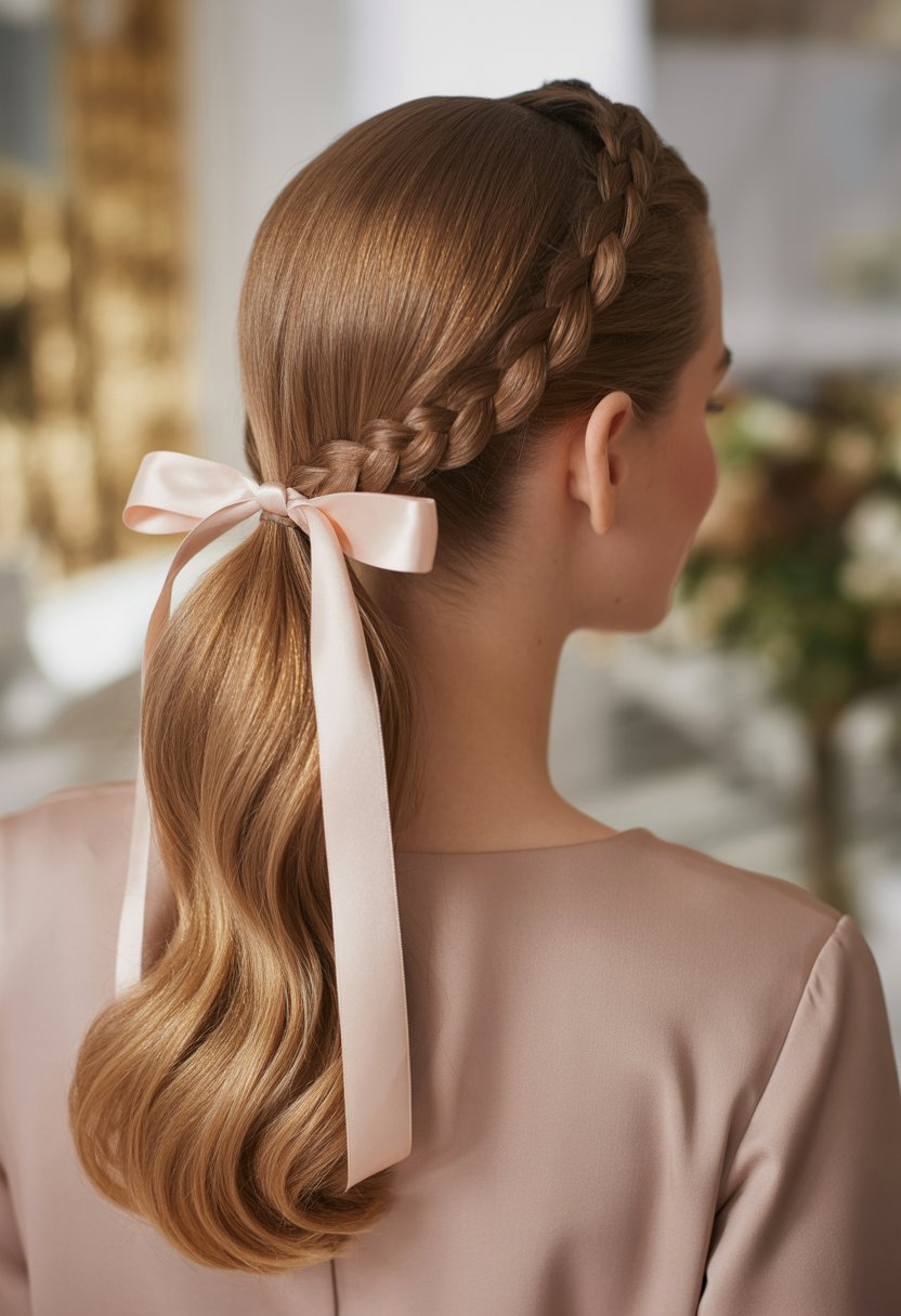A woman with a braided ponytail tied with a ribbon, photographed from behind in soft natural light.