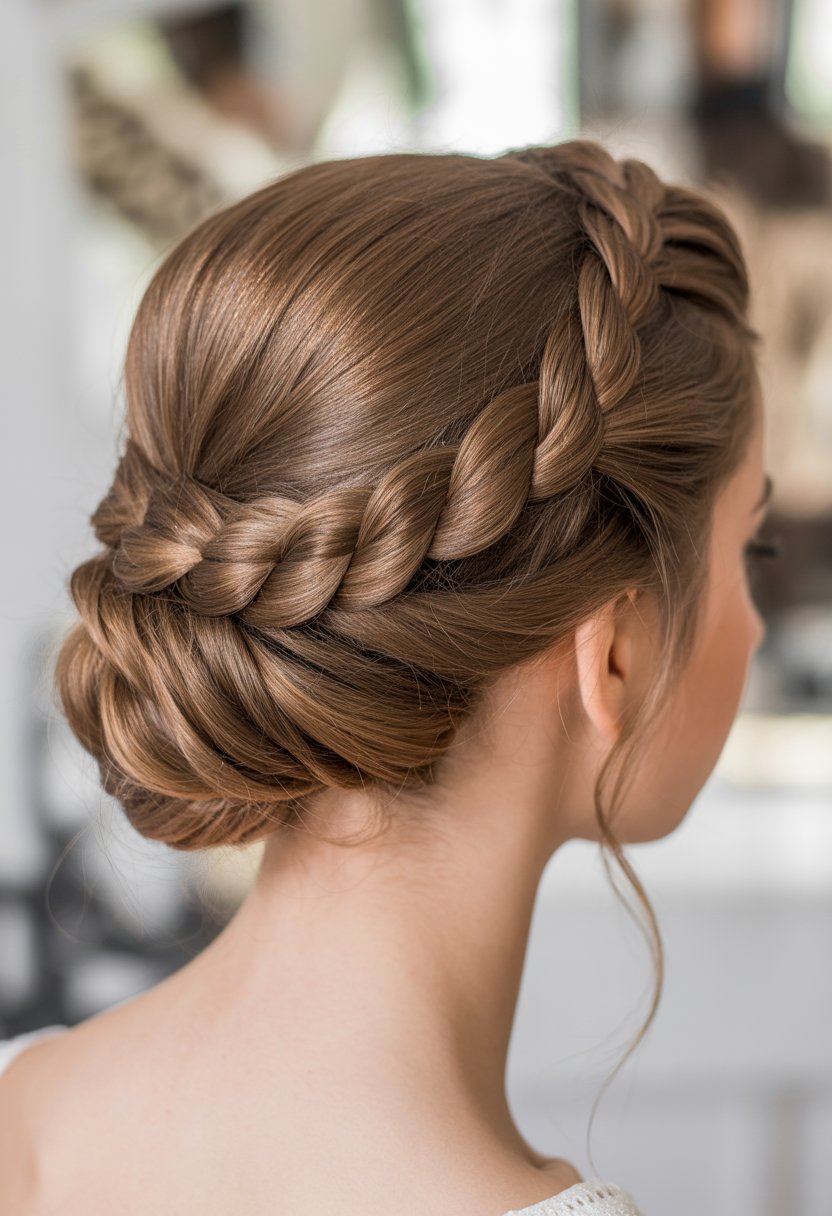 A woman with an intricately braided updo hairstyle shown from the back and side against a neutral blurred background.