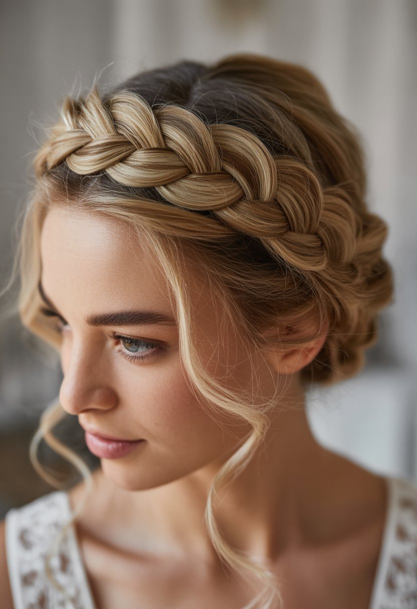 Close-up of a woman with a braided crown hairstyle, looking serene against a blurred background.