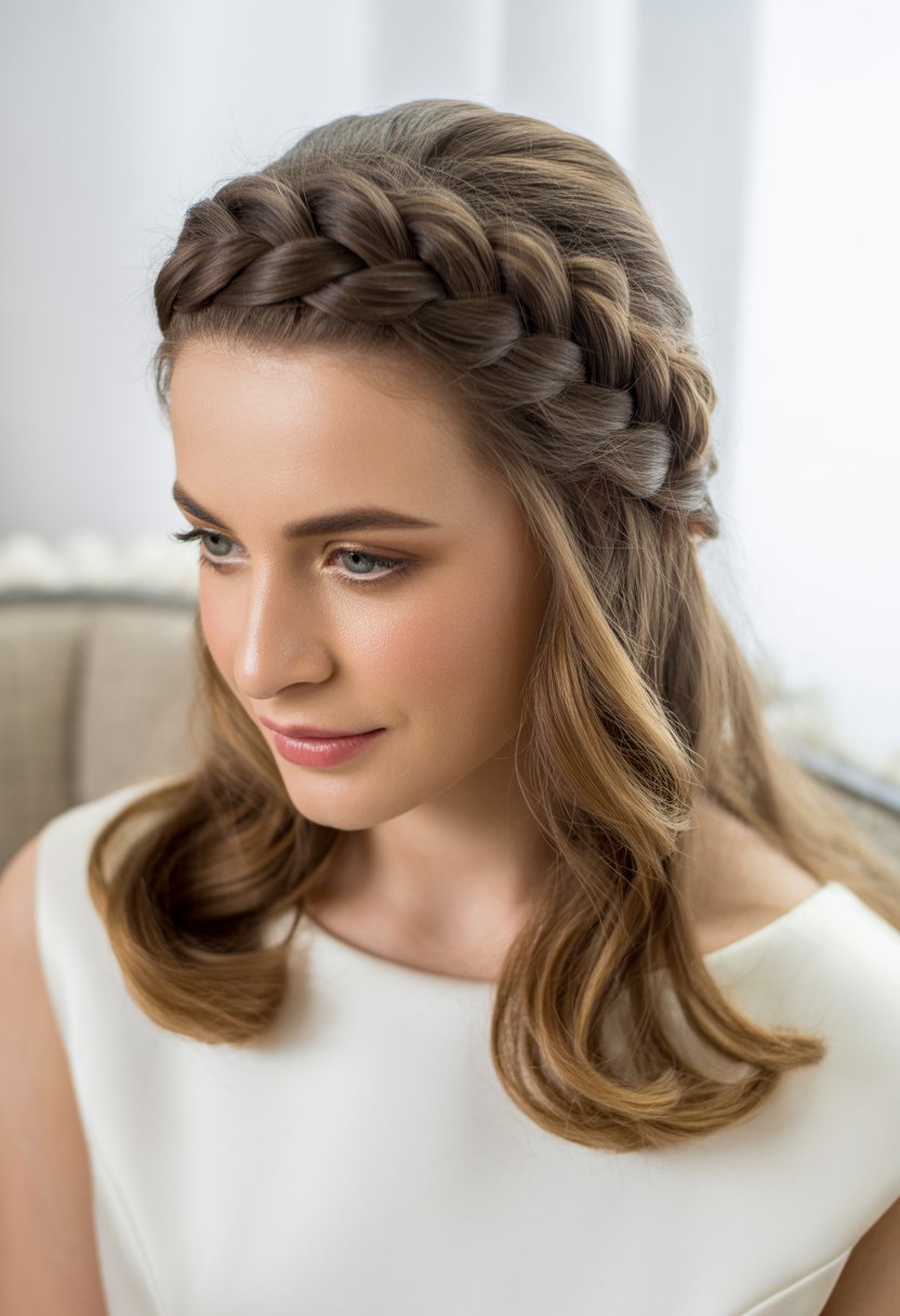 A woman with a braided crown hairstyle and loose waves, wearing a white dress, looking serene in a softly lit setting.