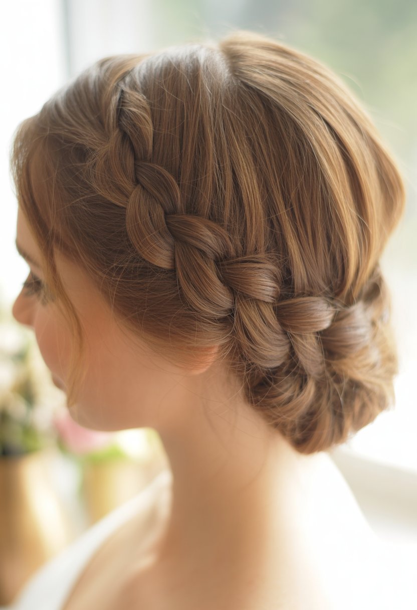 Close-up of a woman's hair styled with a cascading braid along the side of her head.