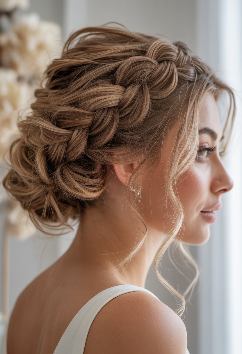 Close-up of a woman with a braided bun hairstyle, looking serene against a neutral background.