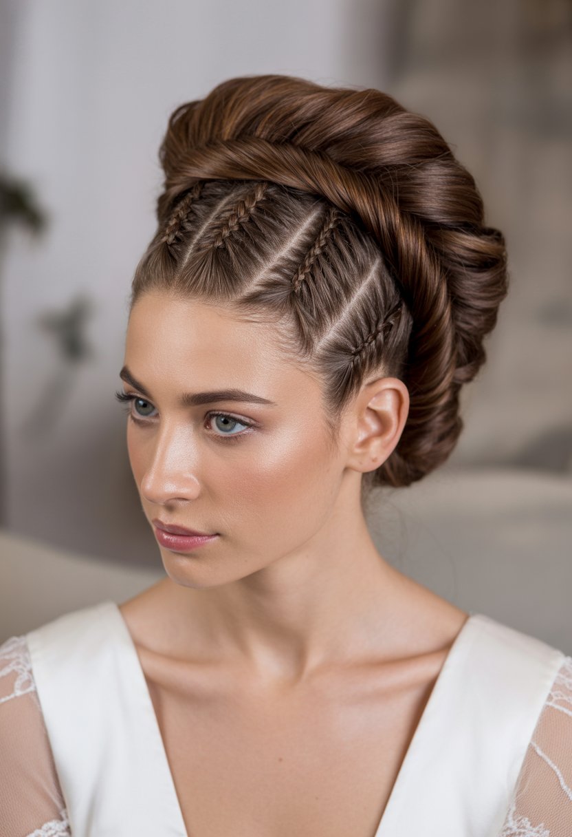 Portrait of a woman with an intricate braided hairstyle wearing a white dress against a neutral background.