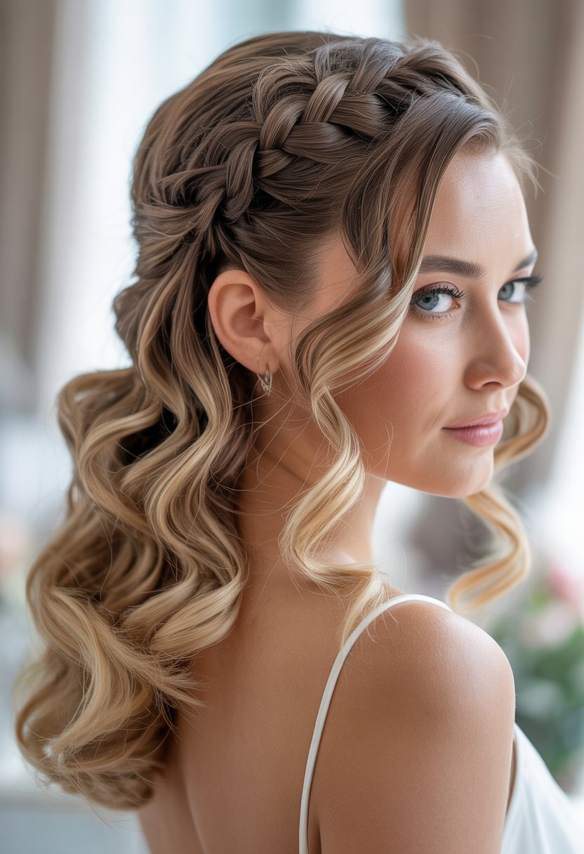 A woman with long hair styled in braided waves swept to one side, looking calm and composed.