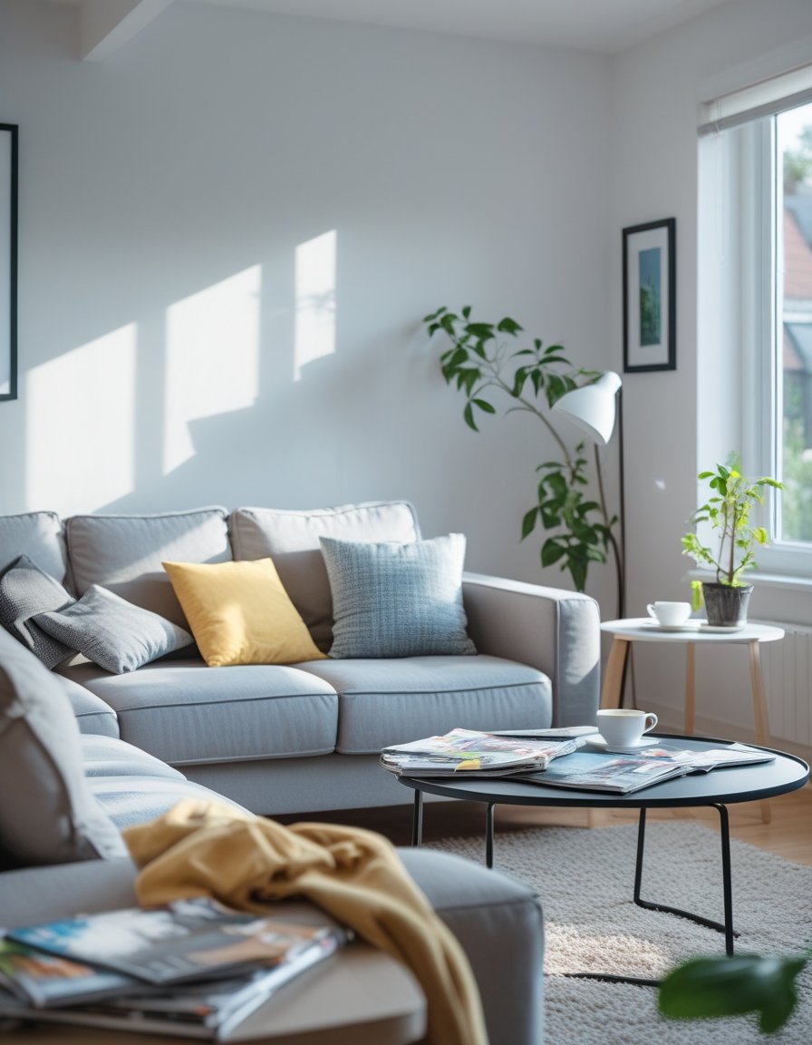 A living room with a sofa, coffee table with scattered items, a crooked picture frame, and a wilted plant, showing a slightly unbalanced and cluttered space.