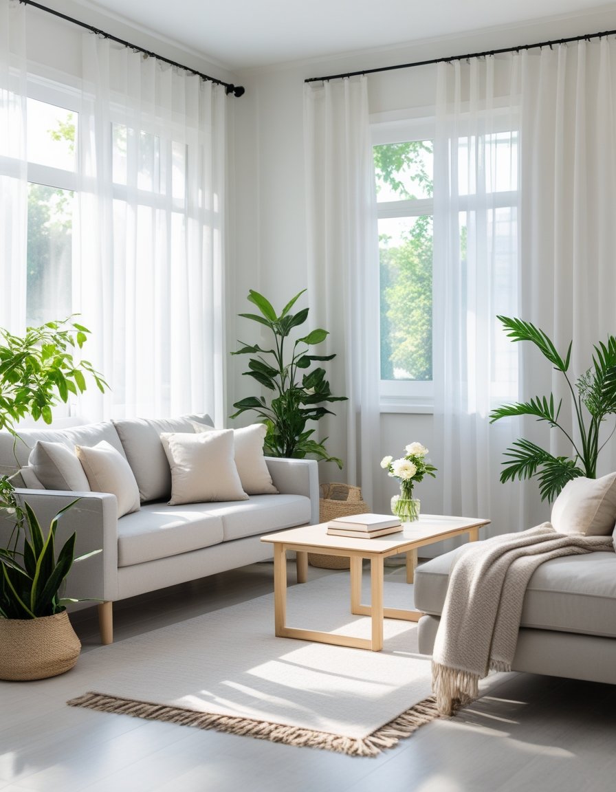 A tidy and bright living room with a sofa, coffee table, plants, and large windows letting in natural light.