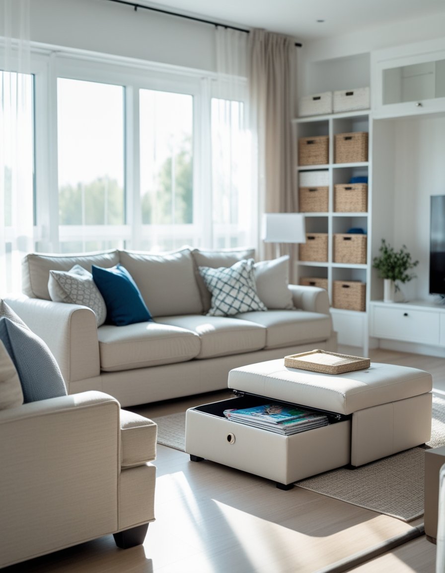 A clean and organized living room with a sofa, coffee table, storage ottoman, and bookshelf with baskets, showing a neat and tidy space.