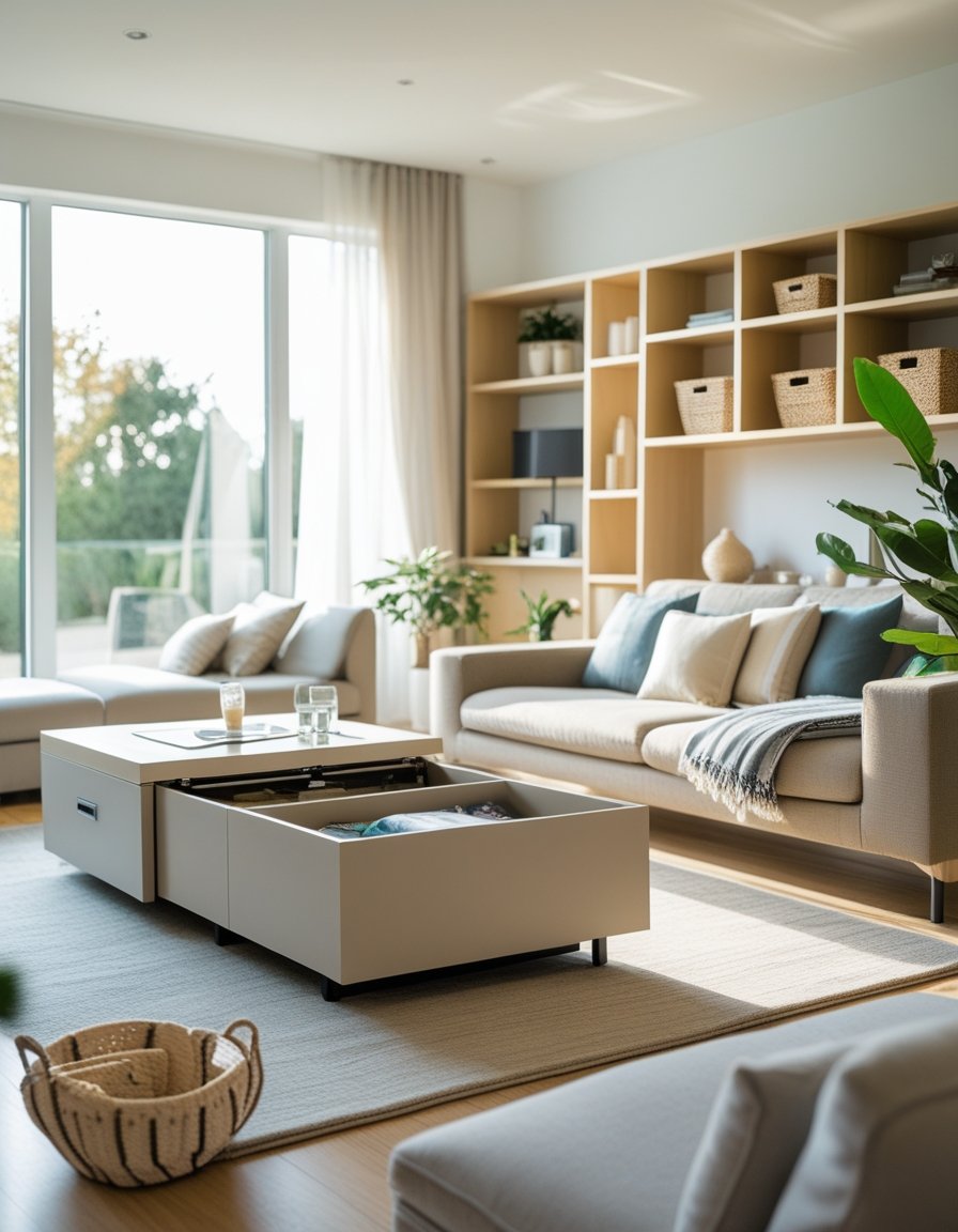 A tidy living room with hidden storage compartments, baskets, and an ottoman used to neatly hide clutter.