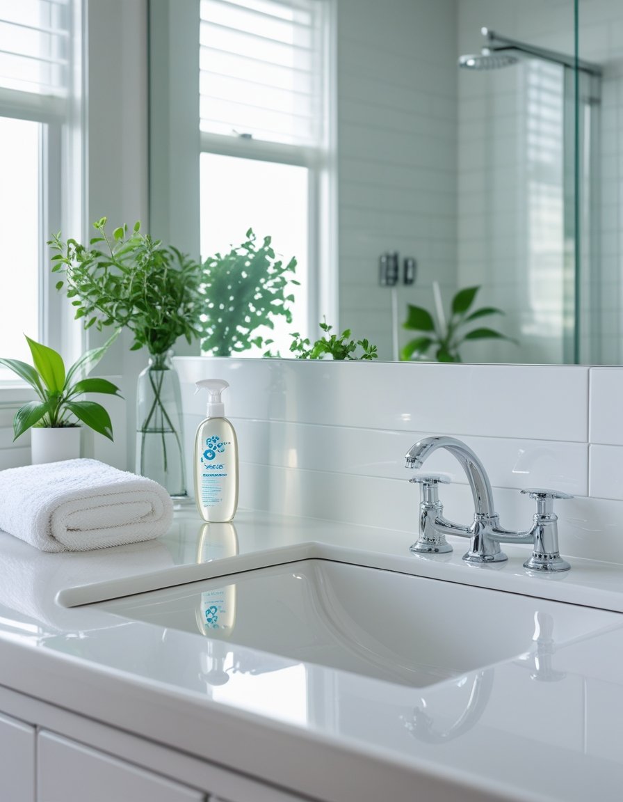 A clean and bright bathroom sink area with a white towel, a small cleaning bottle, and green plants on a spotless countertop.