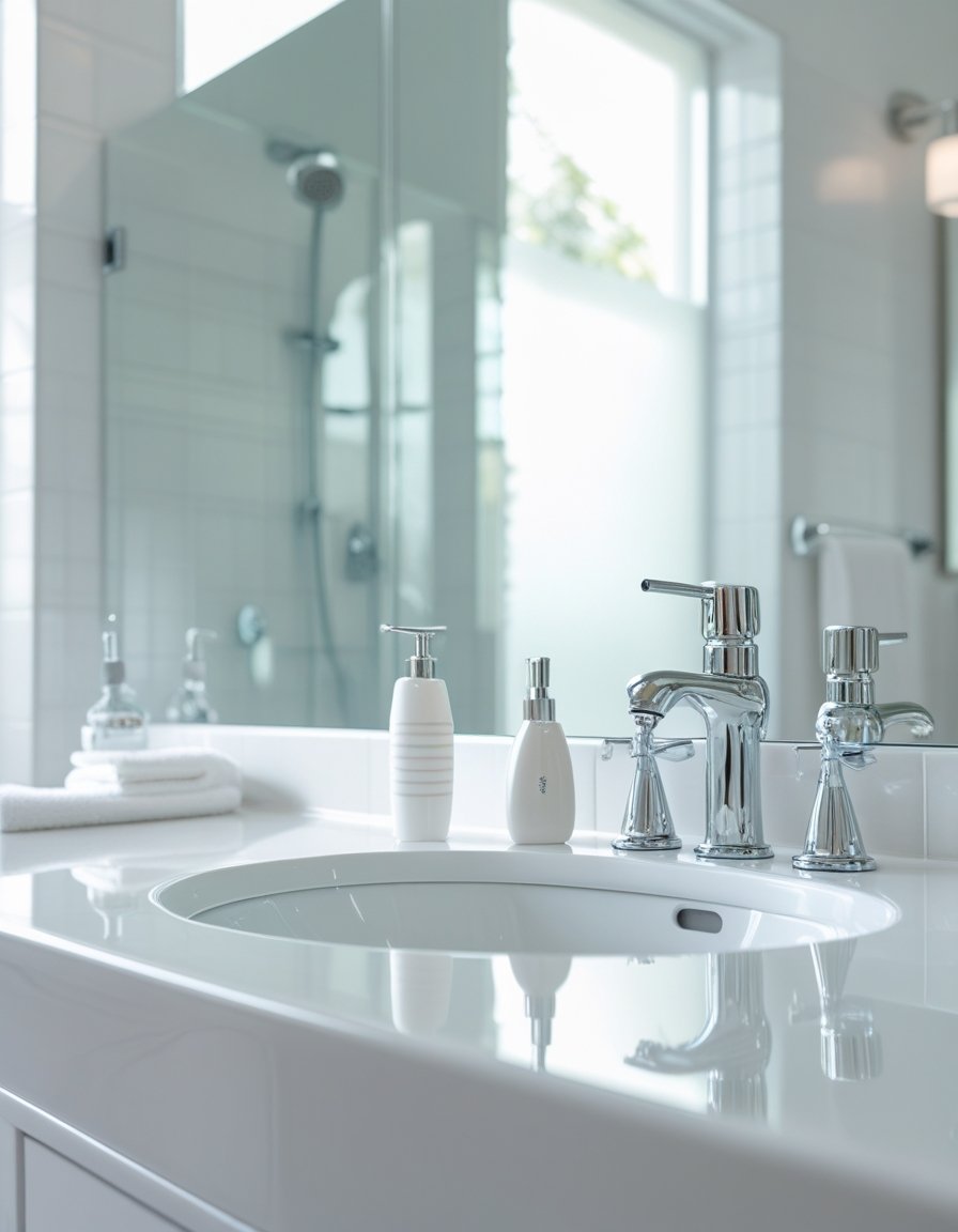 A clean and tidy bathroom sink area with a soap dispenser and organized countertop under natural light.