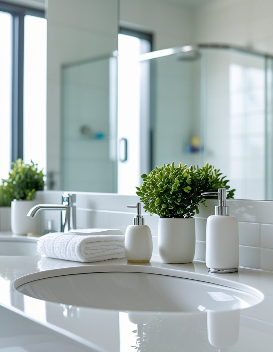 A clean and organized bathroom countertop with soap dispenser, toothbrush holder, potted plant, and folded towel under a large mirror.