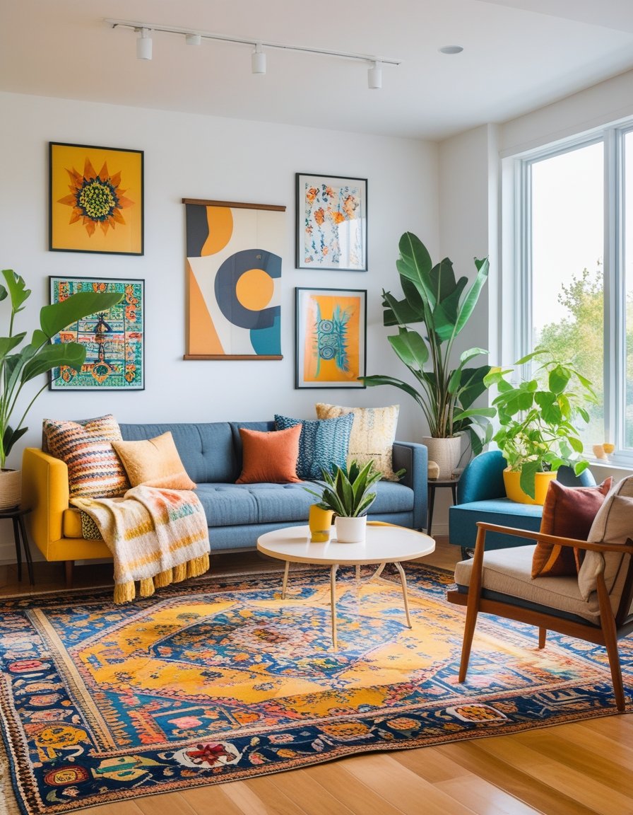A bright living room with a mix of colorful patterns, unique artwork on the walls, and plants by large windows.