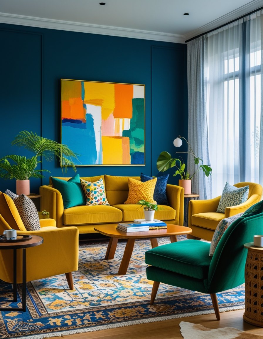 A modern living room with a colorful accent wall, vibrant furniture, patterned cushions, a large painting, and natural light coming through windows.
