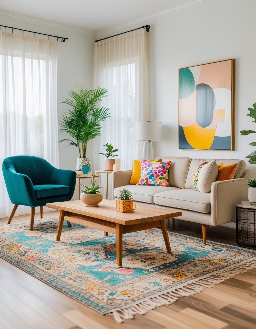A living room with a mix of different furniture pieces including a teal armchair, wooden coffee table, beige sofa, and colorful decorations.