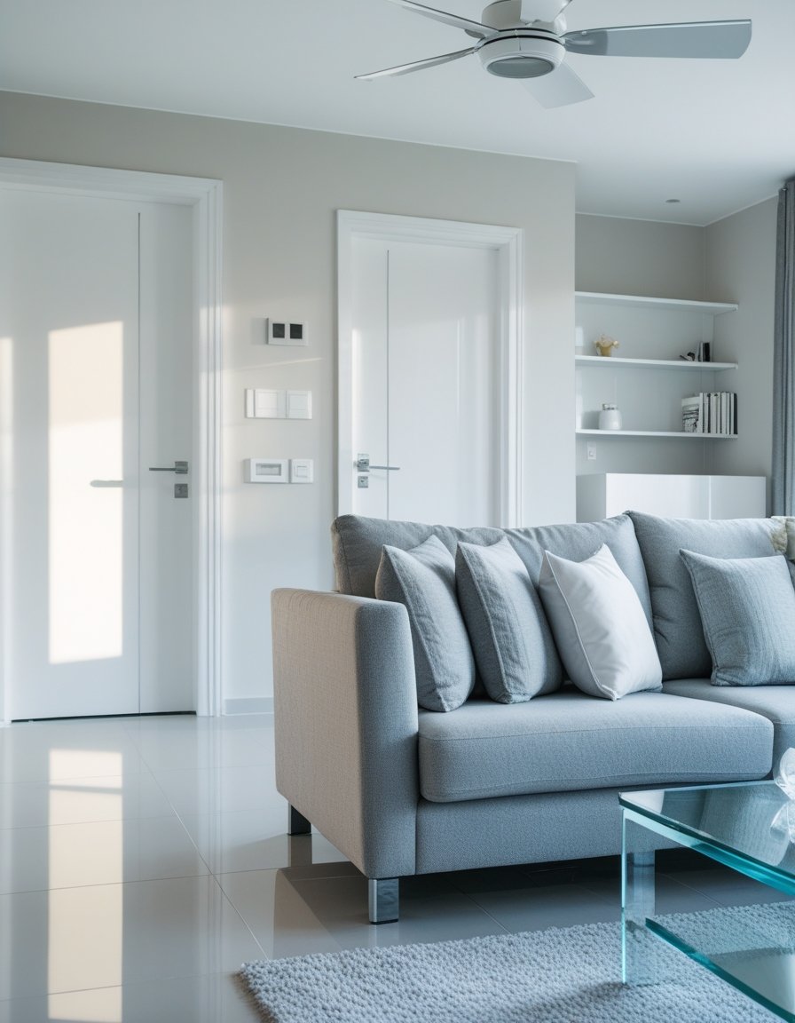 A clean and tidy living room highlighting spotless surfaces like a glass table, door handles, light switches, ceiling fan, and neatly arranged sofa cushions.