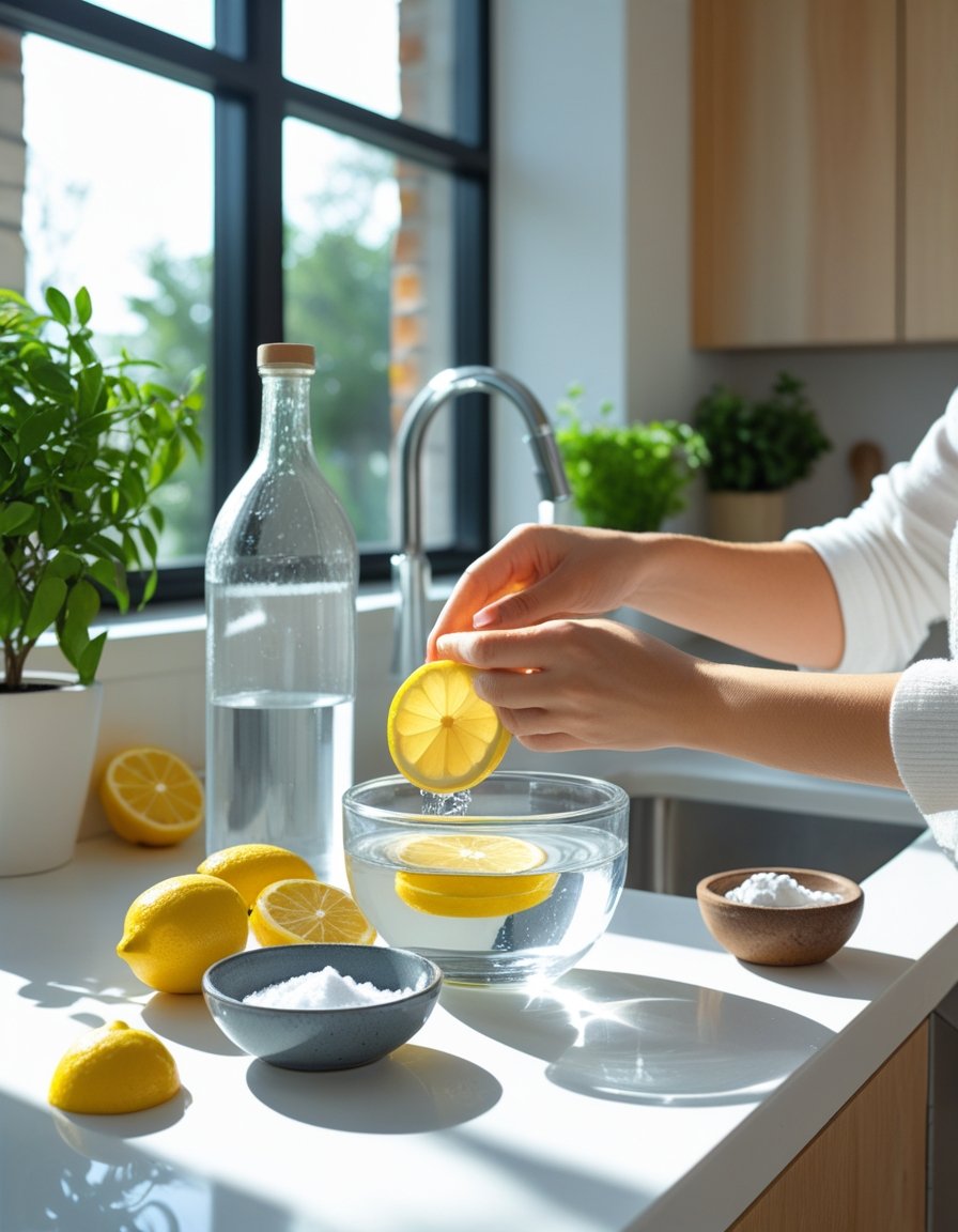 A clean kitchen with natural sunlight, showing hands placing lemon slices into a bowl of water surrounded by natural odor-eliminating items like vinegar, baking soda, and potted plants.