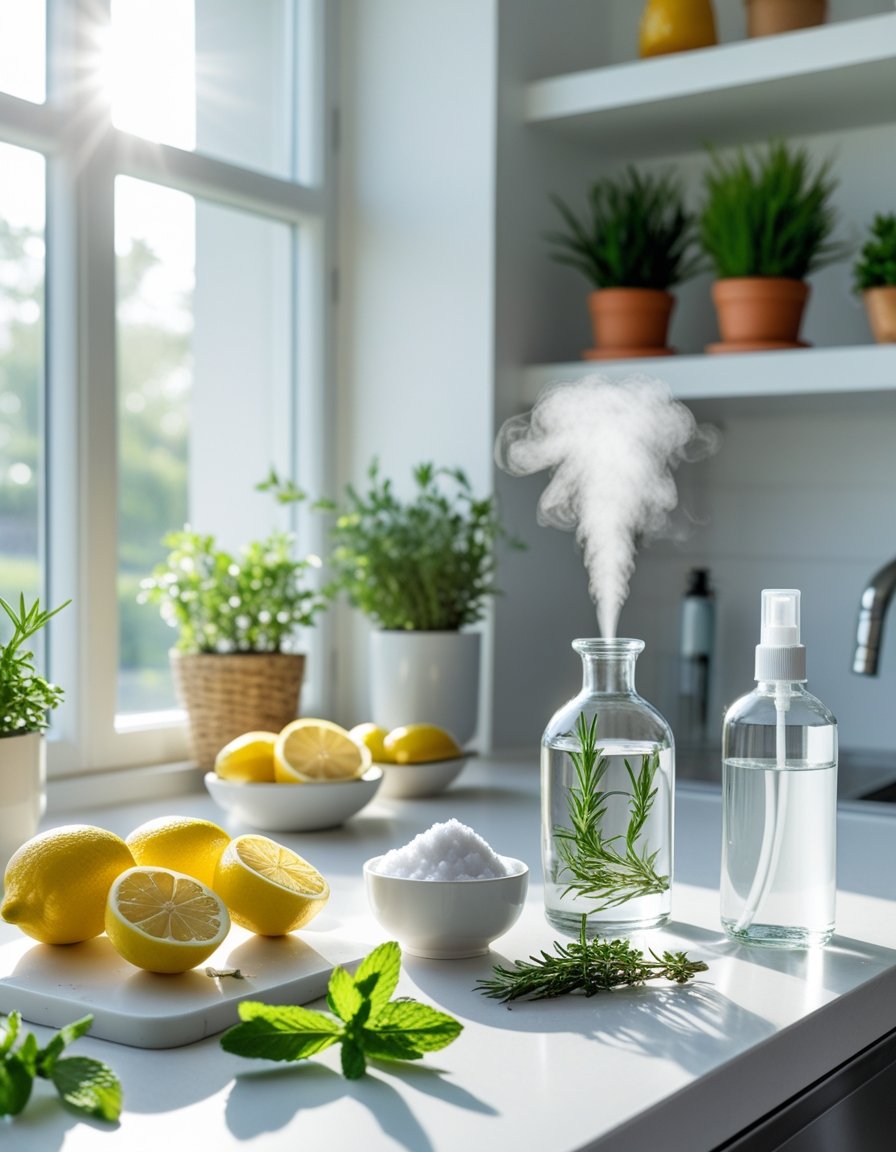 A clean kitchen countertop with lemons, baking soda, vinegar, fresh herbs, and a diffuser near a sunny window.