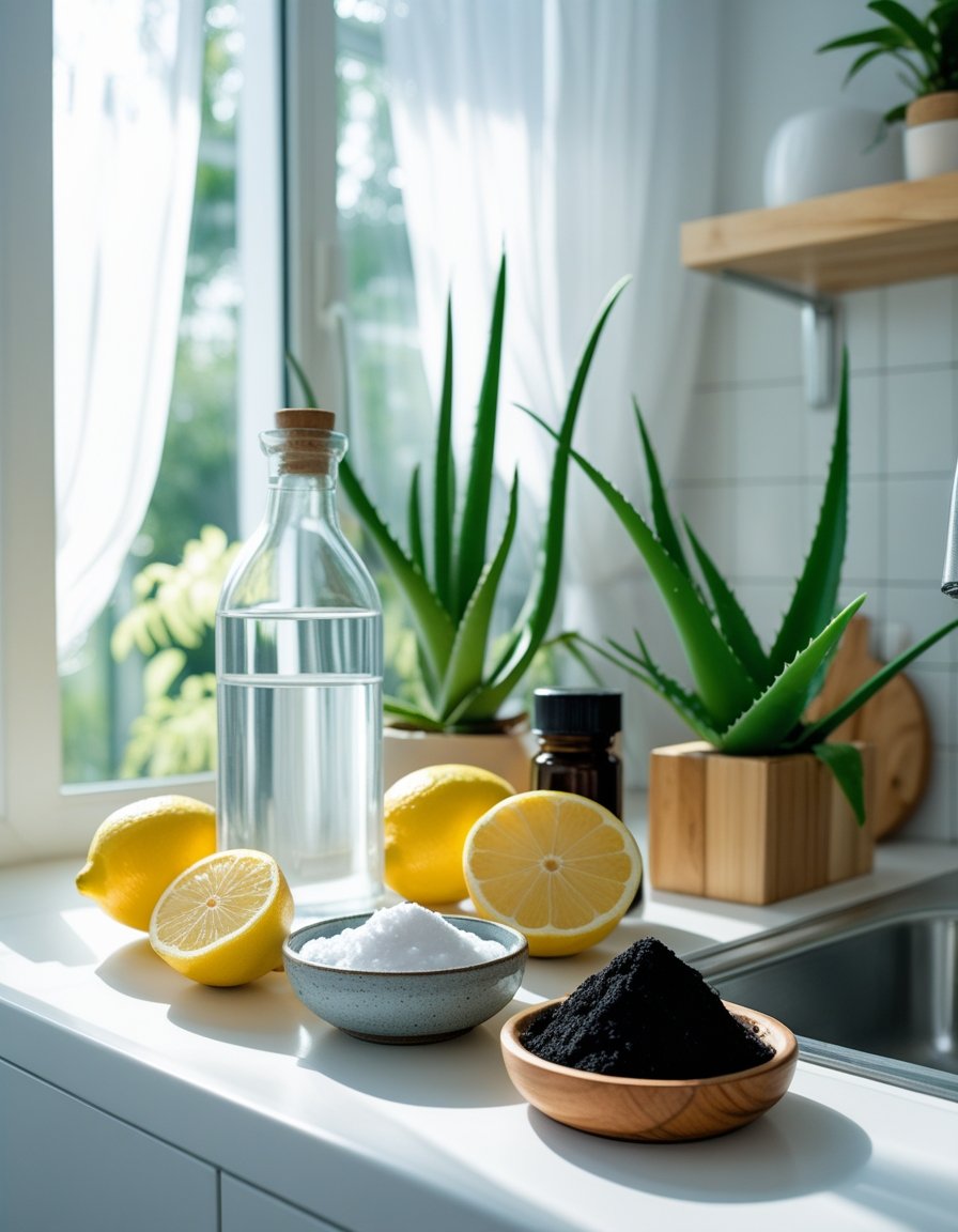 A bright kitchen countertop with lemons, vinegar, baking soda, activated charcoal, and green houseplants arranged near a window.