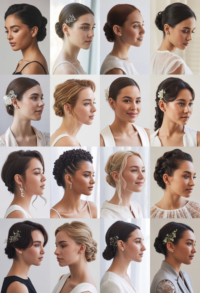 A group of 15 women with different wedding hairstyles posing together in a bright studio.