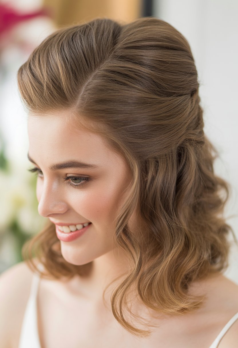 Close-up of a smiling young woman with wavy hair styled in a half-updo, looking serene against a softly blurred background.